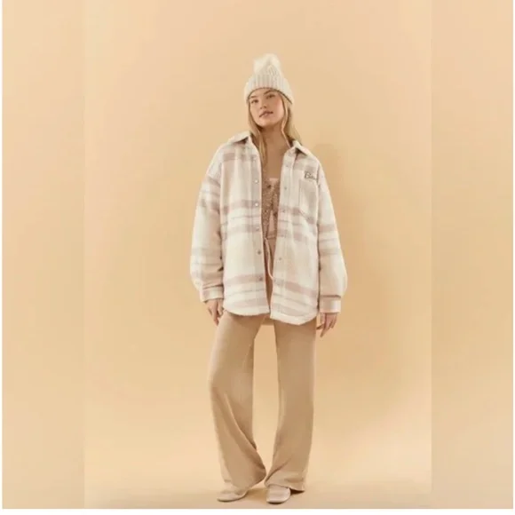 Disney x Forever 21 Cream and Pink Sherpa Bambi Flannel Jacket Sz S.